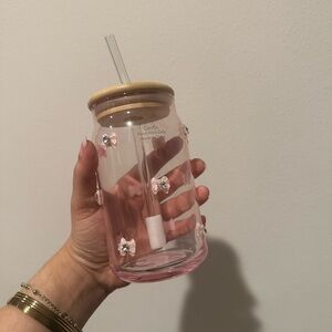 Light Pink Bow Glass Tumbler with Bamboo Lid and Glass Straw